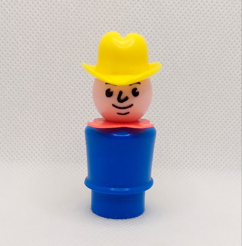 Blue body red scarf yellow hat cowboy Farmer man