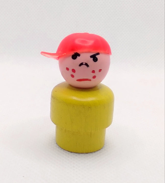 Yellow Bodied Red Cap Freckles Angry Boy Butch Wood Body/ Plastic Head Harder to find verson. Hat is sideways.